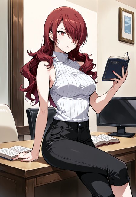 (masterwork, masterpiece, best quality, hyper-detailed :1.3), 
1 girl, solo,
p3mitsuru, kirijou mitsuru, long hair, red hair, hair over one eye,
p3mitsuru-sumcas, turtleneck, sleeveless turtleneck, sleeveless, ribbed turtleneck, bare shoulders, pants, black pants, capri pants,
living room, at desk, reading book, legs crossed