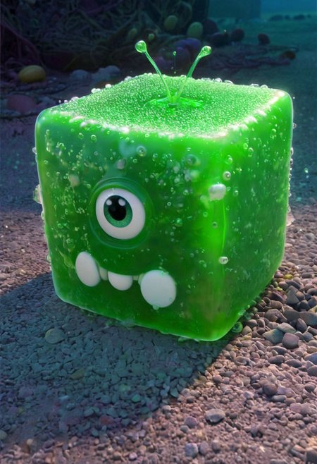 the enormous gigantic cute gelatine ooze cube with the surprised eyes in the tunnels, dim light, pixar art, detailed, intricate details, 8k, best quality, hdr, masterpiece