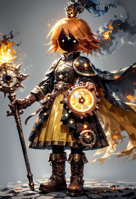 score_9, score_8_up, score_7_up,
lord_of_frenzy, fire head,
starry_morph,
novakin, faceless, no eyes, no mouth, no nose, no facial features, short fiery yellow orange hair, body made of black plasma,
magical girl outfit, yellow steampunk dress, brown boots, brow shirts, brown gloves, utility belt, 
holding magical staff,
simple background, grey background
DSP, artist:DSP, mogeko,