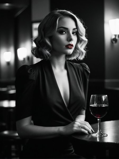 A dynamic cinematic photograph of Jenna_Sims_P_MXAI_SDXL:1.2  , red lips, dramatic makeup, sitting on a stool in a bar, 1930s speakeasy, holding a glass of red wine, mad-sincity, noir, B&W, volumetric smoke in the background, glam,, SK_CINEMATIC, ziprealism
