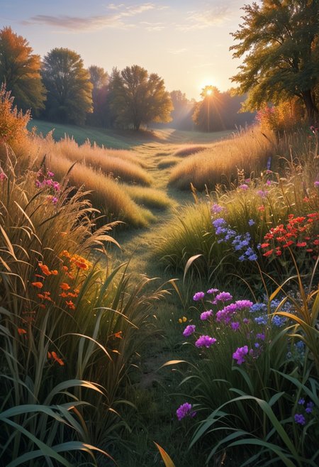 photo of a secluded meadow, with tall grasses, colorful flowers, gentle sunlight, hidden away, during autumn, at dawn ,Masterpiece,best quality, raw photo, realistic, very aesthetic