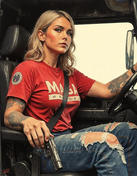 Peterbilt 379 Trucks, strong karolineleavitt woman with big fist is driving a truck, the woman has a red MAGA shirt, and an eagle tattoo on his shoulder, power and strengths, a rebellious karolineleavitt woman. One hand is on the steering wheel, the other hand holds a gun, a magnum 44.  Captured from a three-quarter angle, emphasizing both their expression and background behind. The clothes are worn and the pre-washed and torn jeans have oil stains.  <lora:CPA:0.7> <lora:RetroAnimeFluxV1:0.7> <lora:Mezzotint_Artstyle_for_Flux_-_by_Ethanar:0.7> anime <lora:Karoline_Leavitt_FLUX:1>