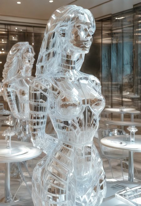 1girl, solo,medium breast, simple background, (outdoors:1.2),city, glassg1rl, glass girl, clear clothes, glass clothes, standing, 
upper body,  front view , long  hair, clear hair, glass hair ,, glass face, face, transparent ,night,glass statue,arms behind back  <lora:glass-girl-02:1>