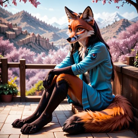 score_10, realistic style, detailed fur, anthro, furry, fox, sitting
