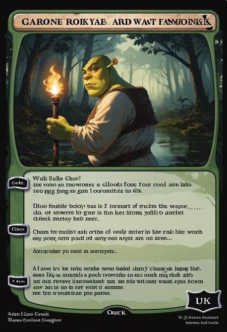 green c4rd,english text,character name,
from side, swamp, dark, forest, dark lighting, holding torch, holding axe,
shrek, green skin
score_9,score_8_up,score_7_up, source_anime,
 <lora:MTG_card_v2:1>  <lora:Shrek_XLPD:0.8>