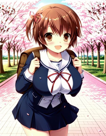 <lora:Hinomoto_Aoi_IL:0.8> hinomoto-aoi, brown hair, short hair, brown eyes, large breasts, side ponytail, hair ribbon
1girl, school uniform, rucksack, 
park, dawn, spring \(season\), cherry blossoms, open smile,, SmoothNoob_Quality,