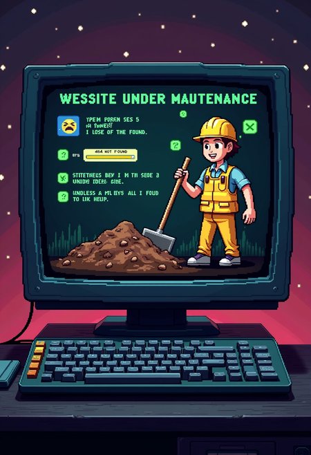 Image macro meme, single panel format, pixel art style, text overlay "WEBSITE UNDER MAINTENANCE", retro computer screen displaying:
Pixelated construction worker sprite digging with shovel, 8-bit style
Progress bar at 99% filled, eternally loading
Blinking text: "Please check back in 5 minutes" (timestamp: 1995)
Error messages floating around: "404 Not Found", "500 Internal Server Error"
Sad face emoticon in corner :-(
Animated "Under Construction" GIF with flashing yellow and black stripes
Clippy office assistant popping up: "It looks like you're trying to access a website. Would you like help?"
Dial-up internet connection sound visualized as pixel waves
Impact font in neon green with black outline, CRT screen effect with slight curvature and scan lines, dead pixels in corner, floppy disk icon as favicon, GeoCities-style background with repeating starfield pattern, 16-bit color palette, 4K resolution scaled up from 320x240 original size, optimized for nostalgic tech enthusiasts
