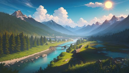 (masterpiece, high quality, highres,Highest picture quality), (Master's work),
detailed background, masterpiece, best quality, scenery, mountains, river, forest, sun, day, clouds,
<lora:epiNoiseoffset_v2:1>, <lora:mochaBeautifulSky_v10:0.6>