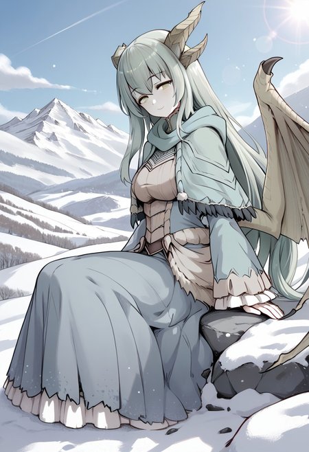 masterpiece,best quality,score_9, score_8_up, score_7_up, score_6_up,source_anime,<lora:PAARTHURNAX:0.9>, PAARTHURNAX,(gentle smile,half closed eyes,looking at viewer),(dragon horns, broken horn, dragon girl, dragon wings, very long hair, green hair, hair between eyes, green eyes,big breasts, 
capelet, dress),(cowboy shot,from below,close to viewer),(sitting on rock),(deep shadows),(clear blue sky without a cloud in the sky,blue sky,clear sky,snow mountain,snow field,lens flare,snow on rock,light blue theme,cool lighting)