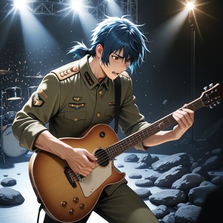 masterpiece, best quality, amazing quality, absurdres, newest, detailed background, definition so sharp, Ultra-HD, 8K cinematic, very awa, impressionate, amazing quality, highres, 
solo, male focus, manly, 
daikakukokujouji, 1boy, short hair, tied hair, low tied hair, lieutenant_pretime, lieutenant_blue hair, lieutenant_brown eyes, playing guitar, headbanging, energetic performance, but nearly dropping guitar, stage lighting, rock concert, passionate, cool, clumsy, charming, musical