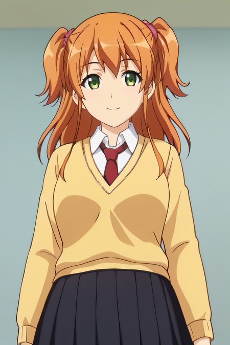 score_9, score_8_up, score_7_up, source_anime, rating_safe, intricate details, anime screencap, official style, 1girl, <lora:Riko:1>, riko, orange hair, two side up, green eyes, collared shirt, school uniform, yellow sweater, red necktie, black skirt, pleated skirt, scrunchie, looking at viewer, smile, indoor, cowboy shot