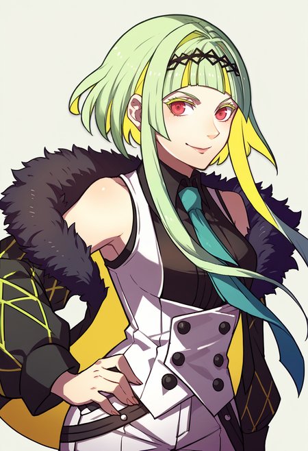 score_9, score_8_up, score_7_up, source_anime, BREAK, solo, 1girl,  <lora:zs_FE3HPortraitsXL:1>, fe3hportraits, upper body, white background,  <lora:Ringo-pdxl_Fp:1>, ringosh2, short hair with long locks, green hair, multicolored hair, red eyes, hairband, white vest, white shorts, necktie, smile, shirt, sleeveless, collared shirt, hand on own hip,