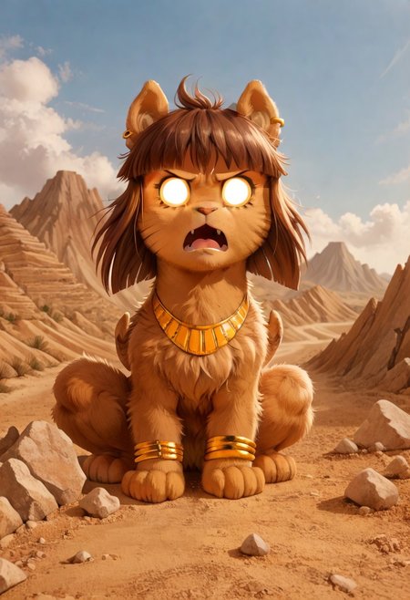 full body, ((solo)), furry, fluffy, fluffy fur, perfect eyes, zPDXL3, ((action_pose:1.5)), sfw, 
cute female furry feral chibi m4gp1e, low angle, sitting, angry, growling, open mouth, fangs, blank eyes, glowing eyes, rocks, source_furry, m4gp1e, sphinx, feral, jewelry, bracelets,
(((outside desert mountain))),  
(high detailed face), (high art quality), (high detailed), 4k, (high resolution), (8k resolution), masterpiece, best quality, ((scenery)), detailed background