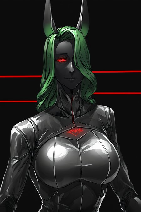 score_9, score_8_up, score_7_up, score_6_up, score_5_up, score_4_up, BREAK, source_anime, solo, 1girl, rating_safe, ((mature female)), ((long green flowing hair)), mechanical parts, ((plastic, polymer, metal body)), (big mechanical rabbit ears), mature female, (bunny ears), (animal ears), subdermal port, ((milf, mature female, big breasts)), hexagon lines in skin, naval uniform overcoat, naval uniform, white military uniform, dress_uniform, ribbons, ((red eyes)), bunny tail, rabbit tail, aiguillette, ((green hair)), ascot, ((Close shot (focus on chest), Standing with one hand reaching up )), pilot suit, shoulder cutout, bunny rabbit Tail, ((hair over one eye, )), digitigrade, clawed feet, minimal clothes, ((metal skin, shiny skin, vampire aesthetic, digital eyes, filled eyes, monochromatic eyes, glowing eyes, colored sclera, red sclera, mechanical eyes, partially shaded face, slit pupils, angular, minimal face, minimalism, narrow eyes, large eyes)), (anubis \(mythology\), anubis \(mythology\), ), <lora:Pony_DetailV2.0:1.5>, <lora:age_slider_v4:4>, ((dark, shaded, black background, horror, GREEN HAIR,)) <lora:ECHANIS:0.7>,    <lora:SqueakyRem_Style:1>