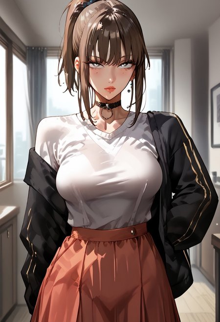 score_9, score_8_up, score_7_up, score_6_up, 1girl, micchan, mature women, older women, medium hair, side-swepped bangs, brown hair, ponytail, grey eyes,  medium breasts, pale skin, solo, alone, pullover, skirt, stockings
