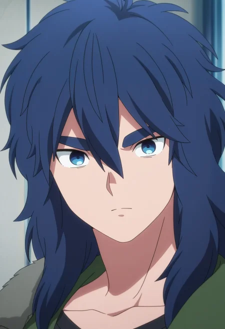 masterpiece, best quality, , anime screencap, , ,, 1boy, solo, male focus, <lora:yui_kemono_jihen_ilxl:0.9>, yui_kemono_jihen, blue hair, blue eyes, long hair, hair between eyes, bangs, thick eyebrows, ,
