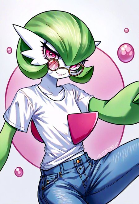 score_9_up, score_8_up, score_7_up, Score_6_up, Score_5_up, Score_4_up, source_anime, (masterpiece, perfectly detailed, detailed face, detailed eyes, beautiful eyes),  8K, extremely detailed, perfect face, PokeMaster_PS, gardevoir_pokemon, monocle, round eyewear, bob cut, colored skin, flat chest, green hair, multicolored skin, pink eyes, pokemon (creature),  two-tone skin, white skin, female, naughty face, wearing jeans pants, wearing loosen t-shirt, masterpiece
