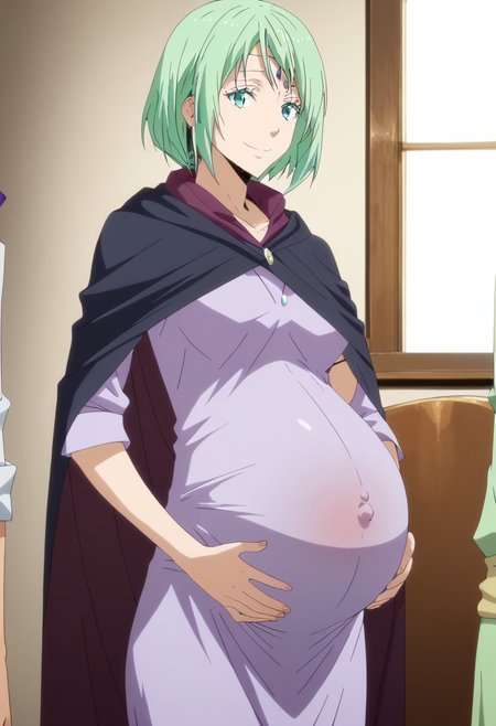 score_9, score_8, score_7,
bedroom,  
happy, smile, hands on belly,
(large pregnant belly:1.2), (round belly:1.2), (pregnant bump:1.2) 
slimes_mjur, mjurran,green hair,short hair,shiny hair,circlet,
purple dress, cloak,robe,
(covered belly:1.5), (pregnancy clothes:1.5)
(cowboy shoot:2.5),
<lora:Slime:1>