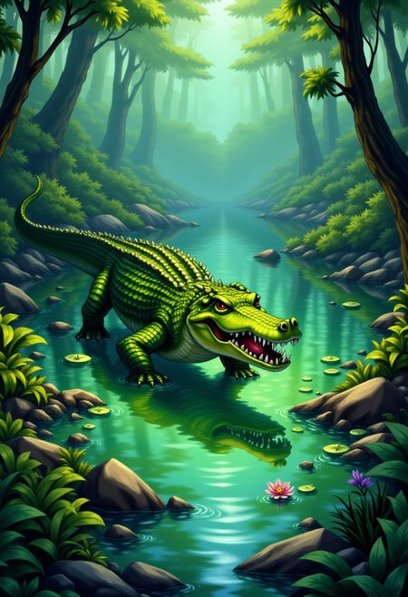 <lora:KFT_Curse_of_Dragons_Crown_Style_FLUX:1>
The image is a vibrant, digitally created kftfantasy illustration featuring   a crocodile in a swamp