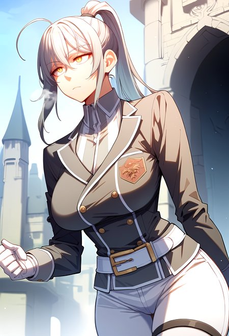 score_9, score_8_up, score_7_up, score_6_up, source_anime, rating_explicit, <lora:neg4all_bdsqlsz_V3.5:2.0>1girl, (solo:1.2), huge breasts, <lora:Ciel Lionheartponyxl:1> ponytail, long hair, yellow eyes, bangs, grey hair, ahoge, collared shirt, black jacket, uniform, long sleeves, white gloves, belt, white pants, thigh strap, expressionless, Narrow shoulders, heavy breathing, steaming body, castle, outdoor, walking