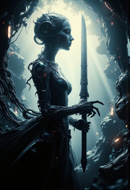 analog film photo (art by Zdzislaw Beksinski:2). baroque style. gothic. skinny woman. mechanical. giant cyberpunk sword. epic, glorification, backlit, god rays, <lora:- Flux1 - vanta_black_V1.0.safetensors:0.5>,  <lora:aiai-Glimra-Flux-Dev-v2.safetensors:0.5>, aiai-Glimra <lora:Dever_Flux_Enhancer.safetensors:0.5>,  <lora:ARTifacts.safetensors:0.75>,  <lora:Movie_Portrait.safetensors:0.75>,  . faded film, desaturated, 35mm photo, grainy, vignette, vintage, Kodachrome, Lomography, stained, highly detailed, found footage