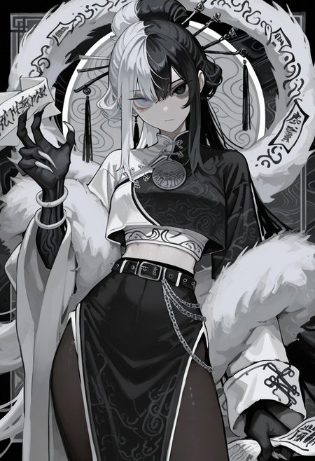 1 girl , long chinese dress , split hair color , black hair , white hair , heterochromia , grey eye , black eye , hair pin , long hair , sidelocks , long sleeves , wide sleeves , claws , black hands , chains belt , belt , chains , pantyhose , paper talisman , crop top , hang top , looking at viewer ,  high tied hair , bracelet , amulet , holding scrolls , fur scarfs ,
masterpiece, best quality, good quality, very awa , newest , highres , absurdres , 7481llu , bl4ckb0x_style , Shiun_(siun_5513) , abstract background , abstract ,