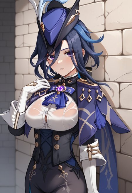 score_9,score_8_up,score_7_up,<lora:clorinde_pony:1>,1girl, solo, cowboy_shot, large_breasts, highres, black_corset, stone_wall, hat_feather, parted_lips, blue_ascot, revision, epaulettes, blue_cape, fold-over_gloves, clorinde_\(genshin_impact\), looking_at_viewer, wet_clothes, purple_ascot, dripping, white_gloves