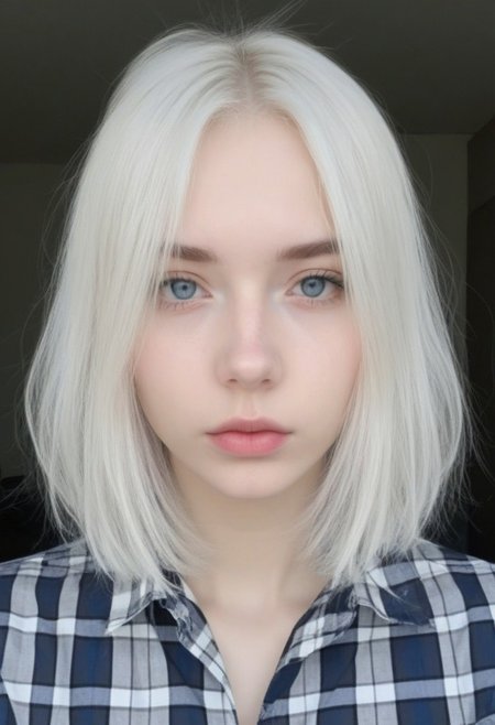 rsgrl, russian girl, solo, white hair, realistic, looking at viewer, 1girl, lips, plaid, blue eyes, mole, medium hair, multicolored hair, closed mouth