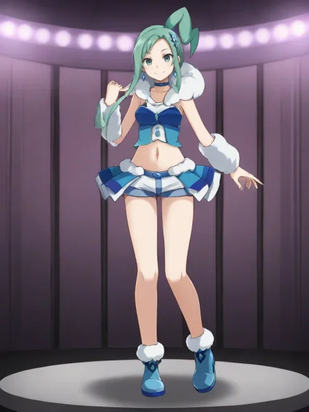 <lora:ORAS_Lisiatsukishiro:0.7>
1girl, solo, luistia, idol, green hair, aqua hair, long hair, asymmetrical hair, green eyes, jewelry, earrings, choker, arm warmers, fur trim, croptop, sleeveless, navel, collarbone, short shorts, overskirt, single thighhigh, blue footwear, shoes, indoors, on stage, show, audience, concert, dancing, full body, standing, smile