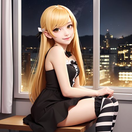 beautiful girl sitting on a desk in the classroom, indoors, 1girl, solo, oshino shinobu, tv_gothic, blonde hair, long hair, yellow eyes, black dress, hair bow, striped thighhighs, frills, sitting, classroom window, night sky, looking at viewer, smirk <lora:shinobuOshinoKissShot9_v10:1>