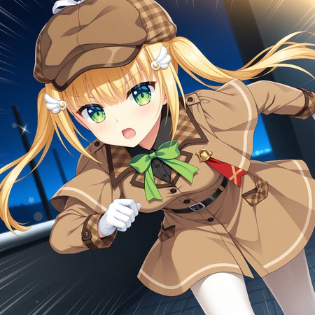 <lora:Charlotte_Di_Curvehorn_Yeatz_1_nai-000040:1>,Charlotte Di Curvehorn Yeatz,
twintails,wing hair ornament,detective,deerstalker,brown headwear,white gloves,white pantyhose,black shirt,long sleeves,brown coat,brown capelet,brown dress,green bowtie,black belt,
BREAK
1girl,solo,running,looking at viewer,dutch angle,leaning forward,depth of field,lens_flare,motion_blur,motion_lines,speed_lines,open mouth,serious,standing on one leg,face_focus,night,