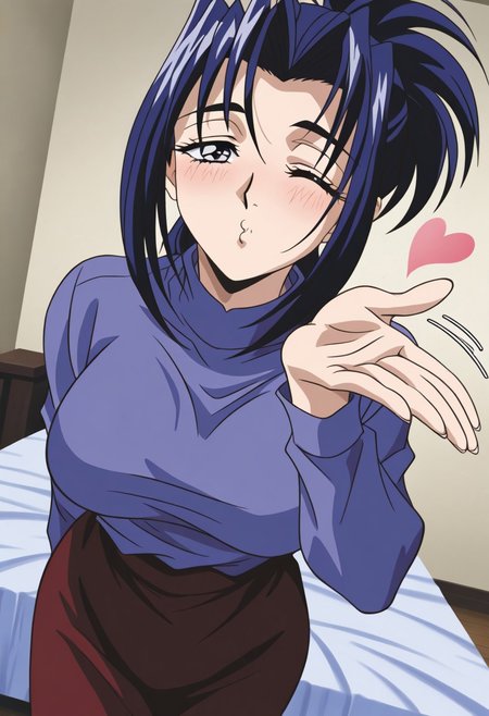 masterpiece, best quality, newest, highres, uncensored, 1girl, yokota mamoru style,1girl, slender face，motion lines,blush,looking at the viewers,torogao,seductive smile
Amou Miyuki OVA,Black Hair, Blue Hair, Curtained Hair, Parted in Middle, Ponytail, Waist Length Hair,Blue Eyes, Tareme Eyes,Big Breasts,
room, bedside, get well flowers, comforting, quiet, , <lora:blowing-kiss-ponyxl-lora-nochekaiser:1>, blowing kiss, pucked lips, heart, one eye closed, o3o, hand up, bed room, bed, blush, cowboy shot, dutch angle,, looking at viewer, solo,, dutch angle, cowboy shot