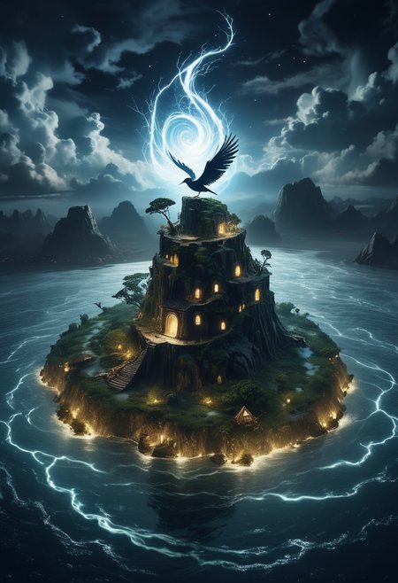 (long shot , birdâs eye view) of elusive shapeshifter casting a spell, detailed face, located in a magical scene at a ancient floating island during starlit night with stormy weather, illuminated by starlight, creating a ethereal majestic atmosphere, detailed face, ,Masterpiece,best quality, photo, realistic, very aesthetic