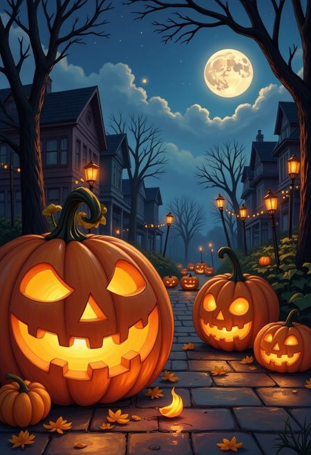 Pumpkins glow at dusk,  
Candles flicker in the breeze,  
Whispers haunt the streets.  
Moonlight shadows creep,  
Bare trees twist in chilling wind,  
Ghostly voices sing.  
Crisp leaves underfoot,  
Cloaked in fog, the night turns cold,  
Witches cast their spells.  
Lanterns guide the way,  
Children laugh in masked delight,  
Midnight calls them home.