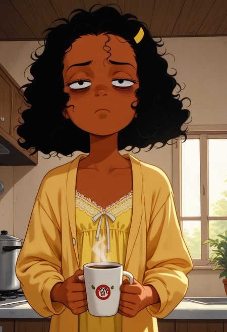 score_9, score_8_up, score_7_up, retro artstyle
1girl, solo, Ashley B RC, black hair,curly hair, ashley b rc, yellow hair ornament, , dark skin, flat chest,
indoors, kitchen, wear only lace negligee, loose clothes, open clothes, holding a cup of coffee, eyes half closed, sleepy eyes, bags under eyes, perfect hands,