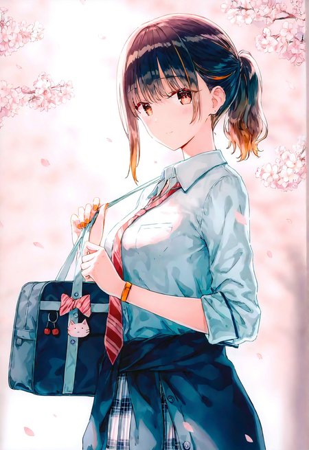 masterpiece,best quality,amazing quality,absurdres,aesthetic,newest,
nanami \(doa\), 1girl, solo, short ponytail, wavy ponytail, bangs, hair over eyes, single sidelock, streaked hair, 
artist:hiten \(hitenkei\),
standing, looking at viewer, holding school bag, arm up, closed mouth, school bag, midnight blue school bag, star \(symbol\), charm \(object\), bag charm, bow bag charm, star bag charm, keychain, stuffed cat, stuffed cat keychain, bow, diagonal-striped bow, red bow, yellow bow, zipper, zipper pull tab, school bag zipper, 
school uniform, necktie, red necktie, striped necktie, diagonal-striped necktie, shirt, wing collar, white shirt, collared shirt, sleeves rolled up, shirt tucked in, skirt, plaid, plaid skirt, pleated skirt, clothes around waist, sweater jacket, deep blue sweater jacket, sweater jacket around waist, breasts, medium breasts, fingers, fingernails, orange nails, nail polish, 
upper body, from side, cherry_blossoms, petals,wind,
 <lora:doa_nanami_noobxl_vpred10_v10:0.7000000000000001>