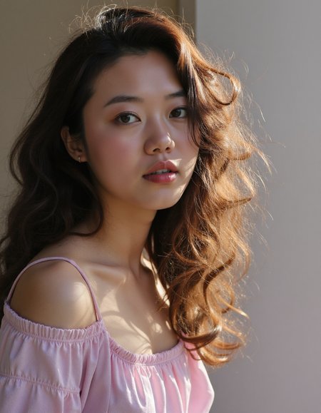 photo of a Korean woman with long curly hair wearing a pink blouse standing in front of a wall and looking off to the side, dramatic, a character portrait, neo-romanticism, aaimage, aana_photo, aaphotos,  <lora:35mm_joycap:0.5> <lora:amateurphoto-6version:0.5> <lora:artisticanalogphotos:0.5> <lora:photooo-000001:0.5> <lora:Zphyr_FLUX_Photorealistic_LoRA:0.5> <lora:socmed_v2:0.5>
