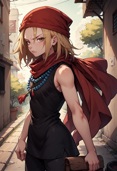 score_9, score_8_up,score_7_up,score_6_up, source_anime,
BREAK
alley, detailed background, blurry background,
BREAK
from side, serious, looking at viewer,
 <lora:Anna DORA:1> kyouyama anna, blonde hair, short hair, brown eyes, black dress, red bandana, bead necklace, sleeveless, red scarf