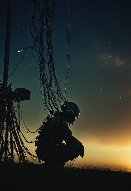 assassinkahb style, A beautiful northern Lights scene, a Sideview Silhouette of a wired-cyborg with billowing Long cables and wires in Wind, kneeling in infront of the atmospheric sunrise, a Flock of birds, crepuscular rays, volumetric lighting, ultra detailed, deep Blacks, very detailed, atmospheric haze, Film grain, cinematic film still, shallow depth of field, highly detailed, high budget, cinemascope, moody, epic, OverallDetail, 2000s vintage RAW photo, photorealistic, candid camera, color graded cinematic, eye catchlights, atmospheric lighting, imperfections, natural, shallow dof
