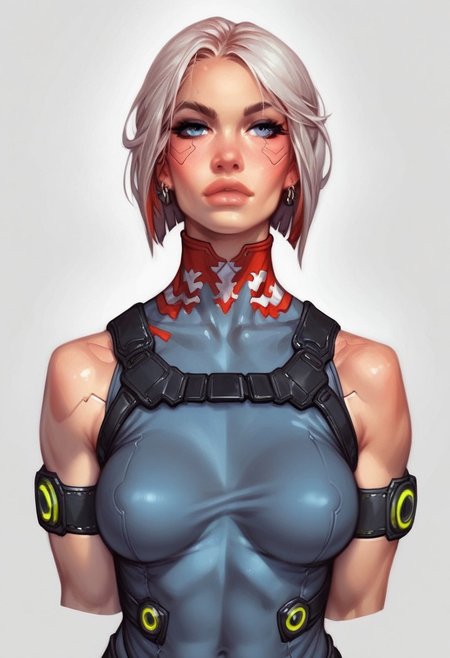 (((front view, beauty young clean face))),
comic style, looking at viewer, highly detailed, source_comic_illustration, from front, 1girl, illustration, comic style, looking at viewer, highly detailed, source_comic_illustrationskinny, looking at viewer, 1girl, masterpiece, best quality, cowboy shot, girl, realistic drawing, anime, by Sam Yang, sharp highly detailed 2d illustration, comic art, (hyperrealism, soft light, sharp), 
BREAK
HEZI,Valenlott style,European and American cartoon character design,cutting,dividing,angular,features,(Cyberpunk:1.5),(Character design:1.2),science fiction,game characters,1girl,solo,gloves,high heels,full body,boots,jewelry,earrings,breasts,pants,standing,high heel boots,medium hair,white hair,bare shoulders,(((bob hair))),bandaid,grey bodysuit,looking at viewer,black gloves,grey eyes,cyberpunk,muscular,bandaid on face,armored boots,arm strap,pouch,black pants,goggles,parted lips,sleeveless,tattoo,short hair,medium breasts,grey hair,bodysuit,cyborg,holster,covered navel,bangs,leotard,muscular female,grey footwear,grey gloves,respirator,tight,blue eyes,rifle,armor,sword,white background,knife,prosthesis,closed mouth,skin tight,knee boots,mask,belt,mask around neck, <lora:HEZI char design V2-000012:0.7>
BREAK
strange world background score_9, score_8_up, score_7_up, score_6_up, source_cartoon, rating_explicit, Expressiveh, (((((upper body))))), ((frpnt view pose, dynamic angle)))