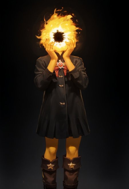 score_9, score_8_up, score_7_up,
lord_of_frenzy, fire head,
novakin, faceless, no eyes, no mouth, no nose, no facial features, short fiery yellow orange hair, body made of black plasma,
magical girl outfit, steampunk dress, boots,
shaft head tilt
simple background, grey background,
yandere trance, hands on own face, hands on own cheeks