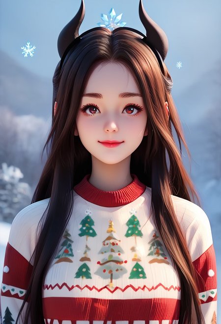 score_9, score_8_up, score_7_up, score_6_up, score_5_up, score_4_up, masterpiece, ultra-detailed, high resolution,
christmas_sweater,chuxue, Demon，
1girl, close-up, cute, devil horns, Christmas sweater, snowflakes, hexagonal transparent snow, smiling, rosy cheeks, long hair,