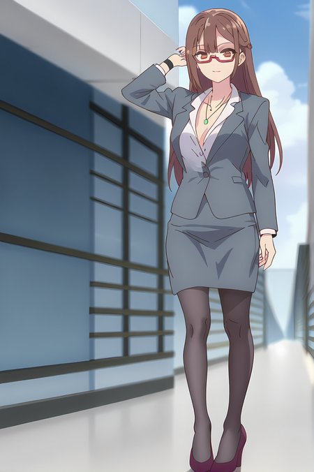 (grey jacket white shirt pencil skirt black pantyhose high heels office lady:1.30), gg-miranda, necklace, brown hair, brown eyes, red glasses, medium breasts, 1girl, solo, skinny, score_9, score_8_up, score_8, score_7_up, score_7, score_6_up, score_6, score_5_up, score_5, source_anime, happy, night sky outdoors, (full body:1.20), (:1.20), , <lora:gg-miranda-V01-000003:1.00>