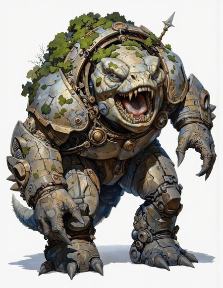 By Phandigrams. The image is a highly detailed, digital painting in a fantasy art style, depicting a colossal, ancient, mechanical tortoise-like creature. The creature, covered in moss and lichen, has a rugged, stone-like texture with intricate, mechanical details. Its shell is adorned with ancient, weathered stone plating and various mechanical components, giving it a mix of organic and technological appearance. <lora:Phandigrams:0.85>