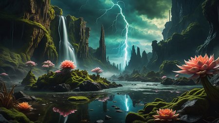 Hyperrealistic art A dark and atmospheric scene inspired by H.P. Lovecraft's "The Call of Cthulhu." In the foreground, the ancient, crumbling city of R'lyeh rises from the depths of the ocean, with its non-Euclidean architecture and impossible angles, covered in seaweed and strange, glowing algae. Towering above the city, the monstrous figure of Cthulhu emerges from the water, his grotesque, squid-like head with writhing tentacles, and massive bat-like wings casting a shadow over the landscape. His eyes glow with a malevolent, otherworldly intelligence. The sky is dark and stormy, with lightning illuminating the chaotic, nightmarish scene. Jagged rocks and towering waves crash around the city, adding to the sense of impending doom. The background features a turbulent ocean and a chaotic, swirling sky filled with dark clouds and flashes of lightning. The atmosphere is filled with a sense of cosmic dread and horror, capturing the terrifying and unfathomable nature of Lovecraft's universe. The overall style is highly detailed and realistic, emphasizing the ancient, alien nature of R'lyeh and the monstrous presence of Cthulhu. 
 <lora:Enhanced_XL_V1:0.8> enhanced, Hyperrealistic art Hyperrealistic art A stargate bustling futuristic cityscape, floating in post-nuclear war destroyed world with nuclear fallout, creating a juxtaposition between advanced technology and human greed, complete with hyperrealistic detail, cinematic lighting and vibrant colors <lora:world_glass:1>, dynamic, cinematic, masterpiece, intricate, hdr, . Extremely high-resolution detail, photographic, realism taken to the extreme, fine texture, incredibly lifelike . Extremely high-resolution details, photographic, realism pushed to extreme, fine texture, incredibly lifelike, RAW Proffesional Photography of a landscape, Long shot, __Kamera__, (comet:0.1), (flowers:0.1), (water lilies:0.1), (insects:0.1), (animals:0.1), (birds:0.1), (waterfall:0.1), (Fish in water:0.1),(Tundra:0.1), (Desert:0.1), (Rainforest:0.1), (Mountains:0.1),  ( Frontal fog:0.1), (Waves:0.1), (Stars:0.1), Sunny, psychedelic, entropy, shallow depth of field detailed background, dark noir style, HDR, RAW, ray tracing reflections, sharp focus, ultra realistic, 12k  <lora:add-detail-xl:1>, cinematic photo, a extreme deep underwater world in which occasionally (full body view of a Orca:2.0), coral reefs, algae, underwater plants, colorful fish, The scene features clear water with (random time of day, random weather:1.3), love and entropy are depicted throughout the scene, with mini insects and microcosms complementing the detailed background, HDR, RAW, ray-traced reflections, sharp focus and ultra-realistic detail, 35mm photograph, film, bokeh, professional, 4k, highly detailed
<lora:SDXLHighDetail_v5:1> <lora:more_details:1>, nsfw, Raw poster, concept art, landscape, psychedelic, Raw poster, concept art, landscape, psychedelic, depicting a two-part scenario of the same scene: in the upper half, a dark magic ocean  lonely islands with palms, coconut trees, waterfalls, flowers, insects, birds, where dolphins play in the waves and the occasional shark fin breaks the surface; transitioning seamlessly into the lower half, a microcosm of an very deep and very dark underwater world with (colorful fish, mystical lights, coral reefs, seaweed, underwater plants:1.3),  and occasional (orcas:0.9) and sharks gliding through the depths., foggy, random weather, random daytime,  (love:1.3), (spring saeson in the ball:1.3), entropy, (mini insect:0.1), shallow depth of field detailed background, sunshaft, surreal, dark noir style, HDR, RAW, ray tracing reflections, sharp focus, ultra realistic, 12k
<lora:dreamcolor:0.3> <lora:EDG_-_Test_Lora:0.3> <lora:more_details:0.3>, Raw poster, concept art, landscape, psychedelic, Cloudy,Twilight, Crescent moonlight,beautiful waterfall in the middle of a forest, swiss landscapes, (love:1.1), Ice fog, entropy, (mini insect:0.1), (shallow depth of field detailed background:1.2), dark noir style, HDR, ray tracing reflections, sharp focus, ultra realistic, 12k <lora:add-detail-xl:1><lora:LowRA:1> <lora:more_details:1> ,m0nst3rfy3 <lora:m0nst3rfy3(0.5-1)M:1>, <lora:SDXLHighDetail_v5:1> . Extremely high-resolution details, photographic, realism pushed to extreme, fine texture, incredibly lifelike
