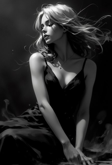 neo-noir portrait study, silver halide gradients, dramatic shadow cascades, smoke-like fabric flows, timeless elegance meeting raw emotion –style raw
