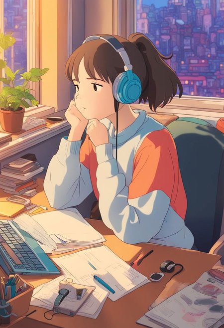 a bored student girl on her laptop, on a desk, cozy room, headphones, large window, vibrant colors, lineart, Studio Ghibli