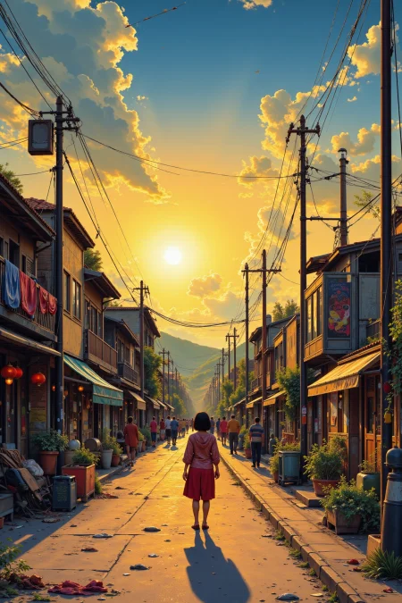 street beautiful  landscape, golden hour, woman, very intricate, very detailed, sharp, bright, colorful, <lora:Hand v2:0.5> <lora:Anti-Blur:1><lora:Insane Detail Slider:0.25>  <lora:flux.1_lora_flyway_Epic-detail_v2:0.3> <lora:fluxenhancer:0.25> <lora:90s-anime:1> retro anime, 77oussam 90s,1990s anime