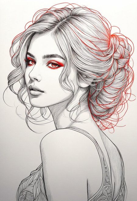 Colored Pencil Art, (masterpiece), (best quality), (ultra-detailed), Silhouette Art, line art drawing , a perfect physique nymph with her contour and features glowing red outlines. The style is minimalistic yet expressive and elegant, with her slender figure contour smoothly transitioning between sharp angles and flowing curves to define her elegant brightly backlit silhouette. The image radiates a glowing energy, with the backlit giving the impression of a light source that's both saturated and delicate, chiaroscuro.  <lora:InkArtXL_1.2:0.4>  . professional, sleek, modern, minimalist, graphic, line art, vector graphics, high contrast, well defined, Silhouette Art, illustration, disheveled hair, detailed eyes, perfect composition, moist skin, intricate details, by wlop, colored pencil strokes, light color, visible paper texture, colored pencil art