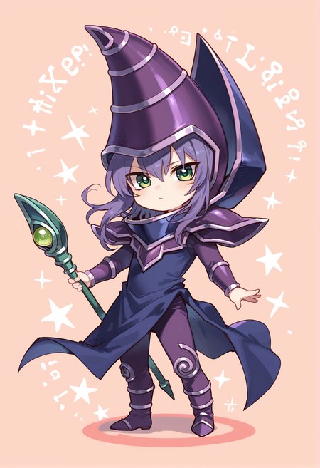 (score_9:0.9),score_8_up,score_7_up,rating_safe,(zPDXL),(zPDXL3),<lora:Dark Magician ponyXL v1.2:0.72>,dark magician, solo, green eyes, purple wizard hat, staff, chibi,  purple hair, purple thigh boots, full body, male focus, looking at viewer, 1boy, purple wizard clothes, holding staff